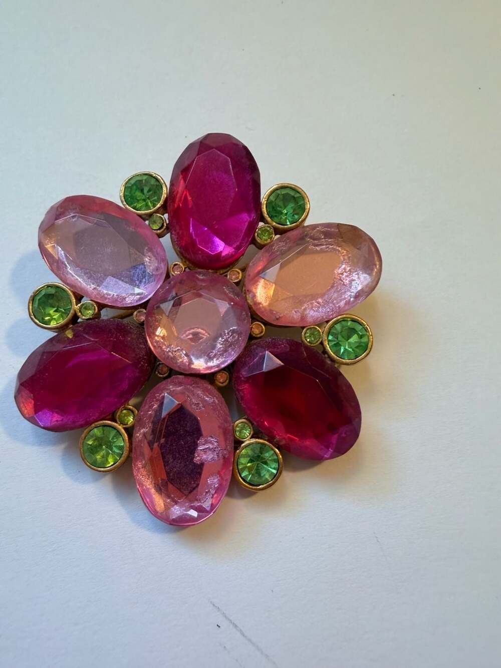 Vintage Gold Tone Pink and Green Oval Faceted Stone Flower Brooch Pin